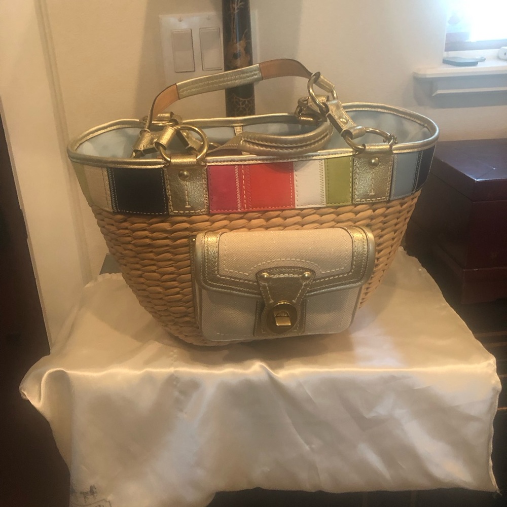 COACH LEATHER/STRAW SATCHEL BEACH TOTE NWOT VINTAGE! - Picture 6 of 15
